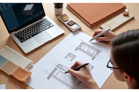 家具のデザインスケッチと素材サンプル