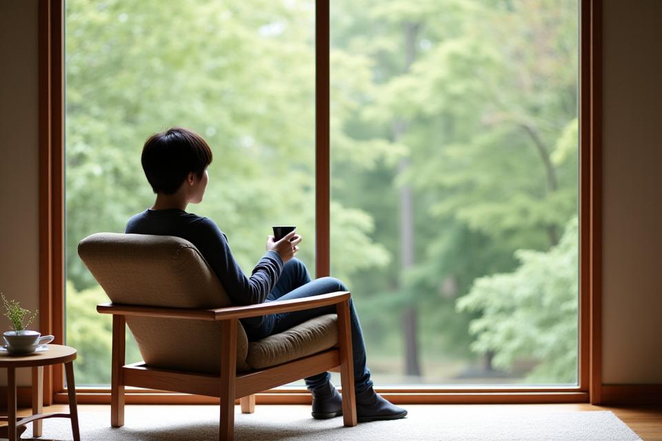 窓から自然が見えるリビングでコーヒーを飲みながらリラックスする人