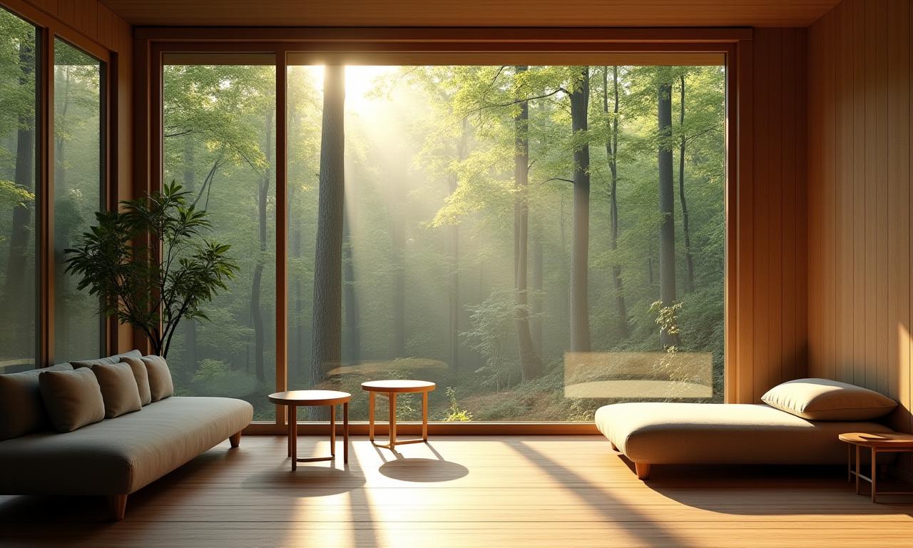 光が差し込む深い森とそこに置かれた心地よい木製家具