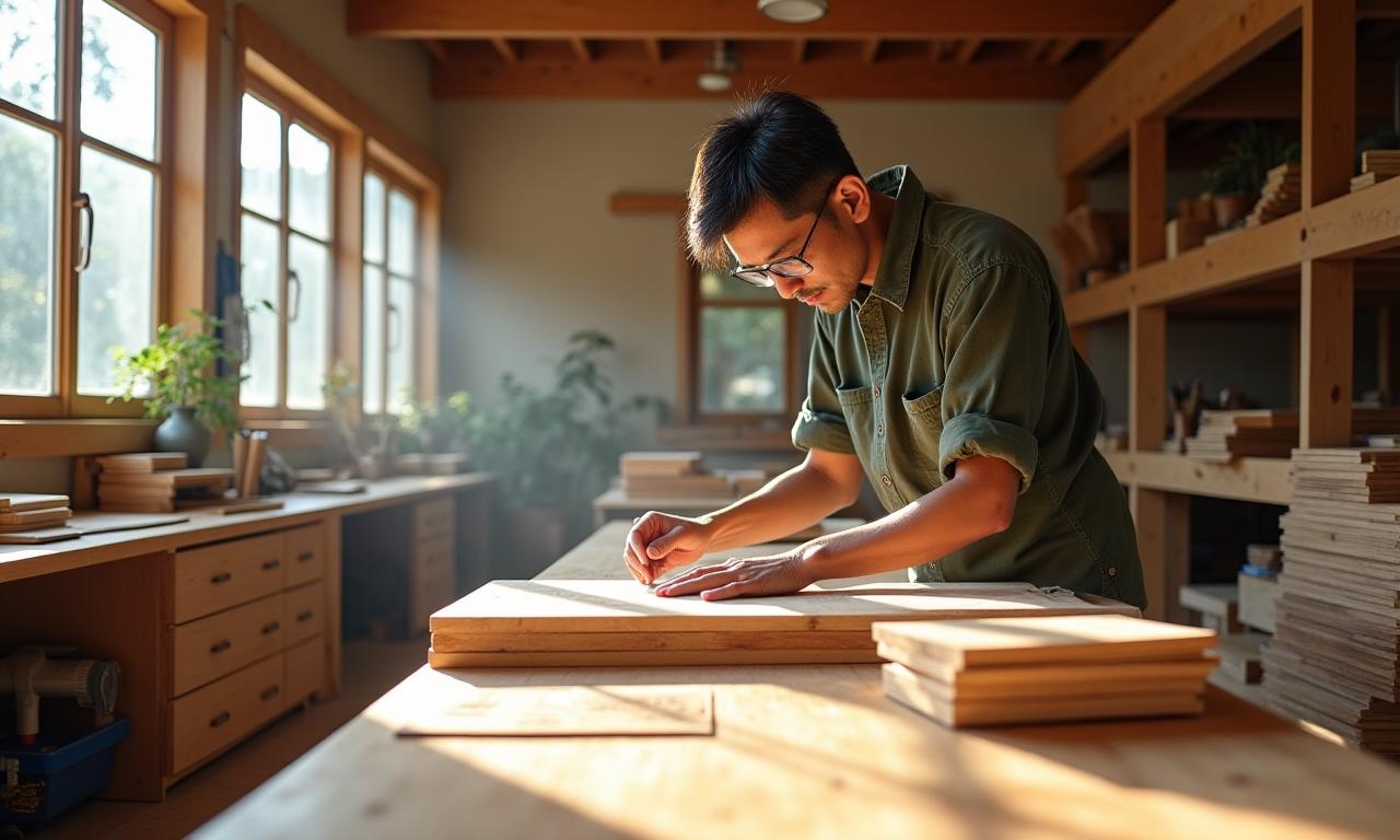 自然素材に囲まれた明るい木工工房で作業する職人